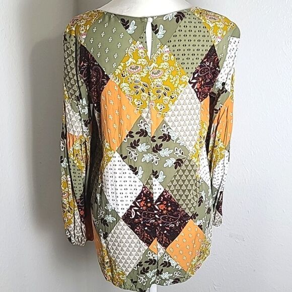 Colorful Longsleeve Patchwork Top, Shirred Elastic Neckline, Size Medium - Picture 6 of 8